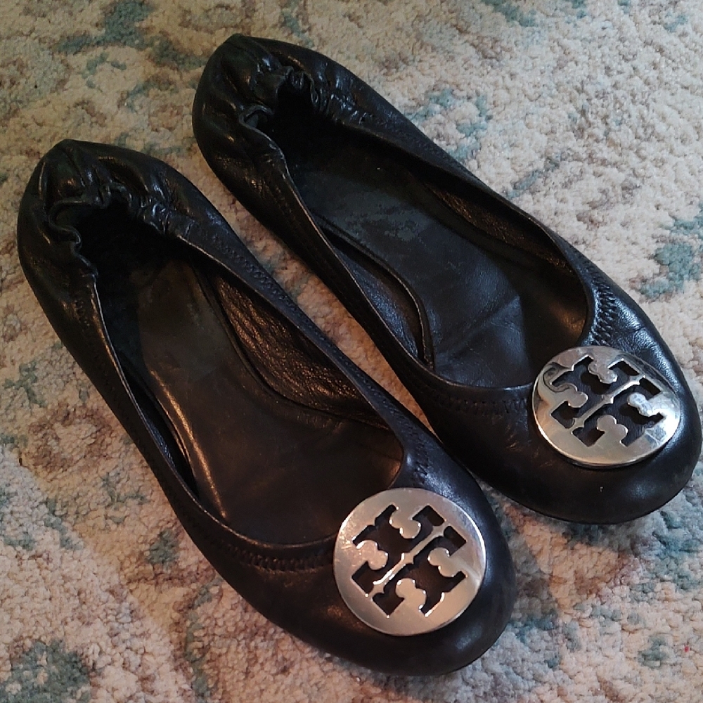 Tory Burch Black Leather Flats with Silver Logo